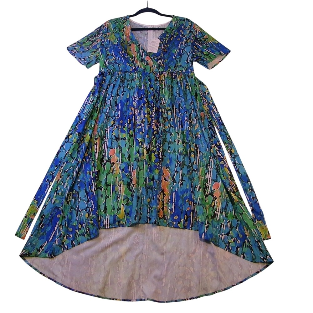 Boho Abstract Floral High Low Maxi Dress Large Blue Green V-Neck Faux Wrap Party